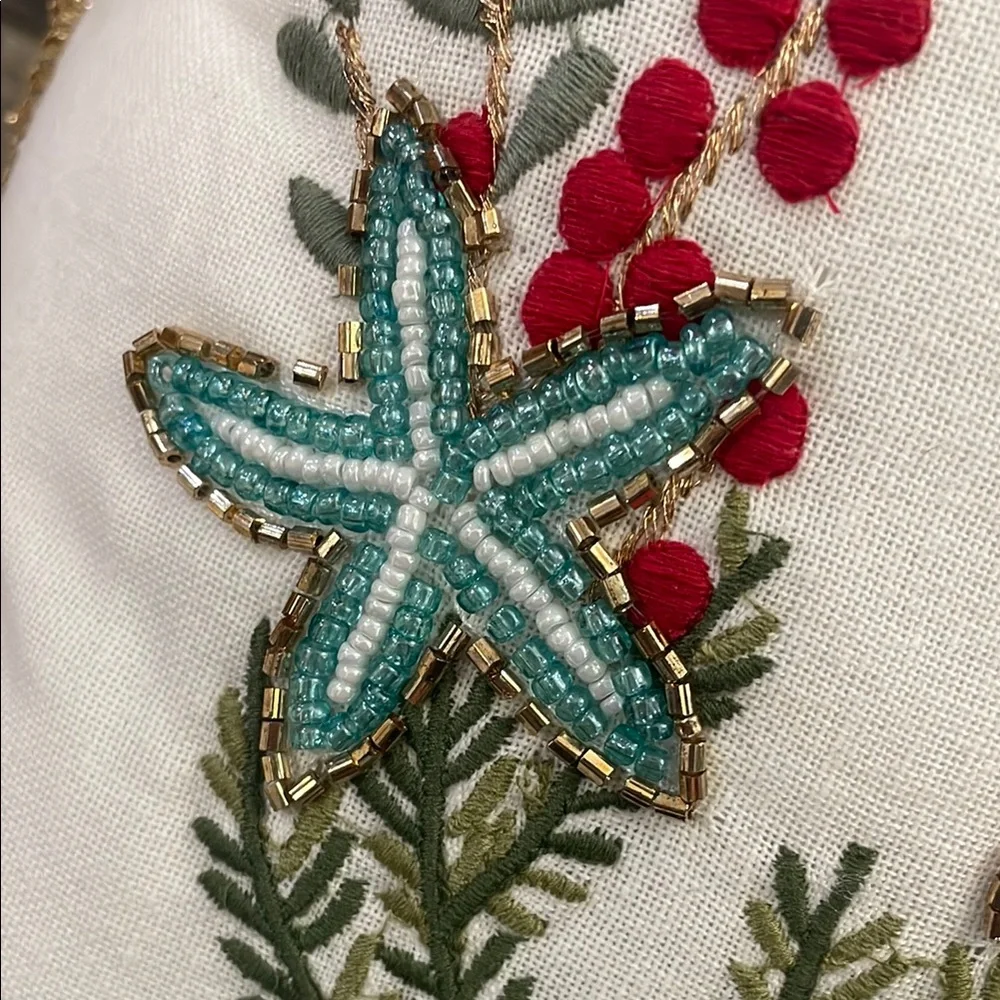 Embroidered beaded Pillow shells, sea-stars, sand dollar Wreath Joy to the World